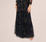 Three Quarter Sleeve Collared Floral Beaded Gown In Midnight Multi 4