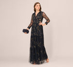 Three Quarter Sleeve Collared Floral Beaded Gown In Midnight Multi 1