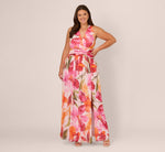 Plus Size Sleeveless Surplice Floral Chiffon Gown In Pink Orange Multi 2