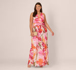 Plus Size Sleeveless Surplice Floral Chiffon Gown In Pink Orange Multi 1