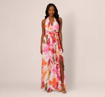 Sleeveless Surplice Floral Chiffon Gown In Pink Orange Multi 3