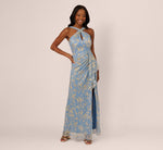 Metallic Crinkle Keyhole Halter Gown In Light Blue Gold 3