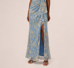 Metallic Crinkle Keyhole Halter Gown In Light Blue Gold 4