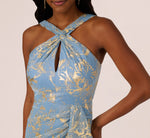 Metallic Crinkle Keyhole Halter Gown In Light Blue Gold 5