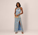 Metallic Crinkle Keyhole Halter Gown In Light Blue Gold 2