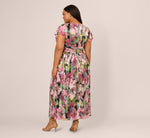 Plus Size Flutter Sleeve Metallic Floral Gown In Navy Pink Multi 6