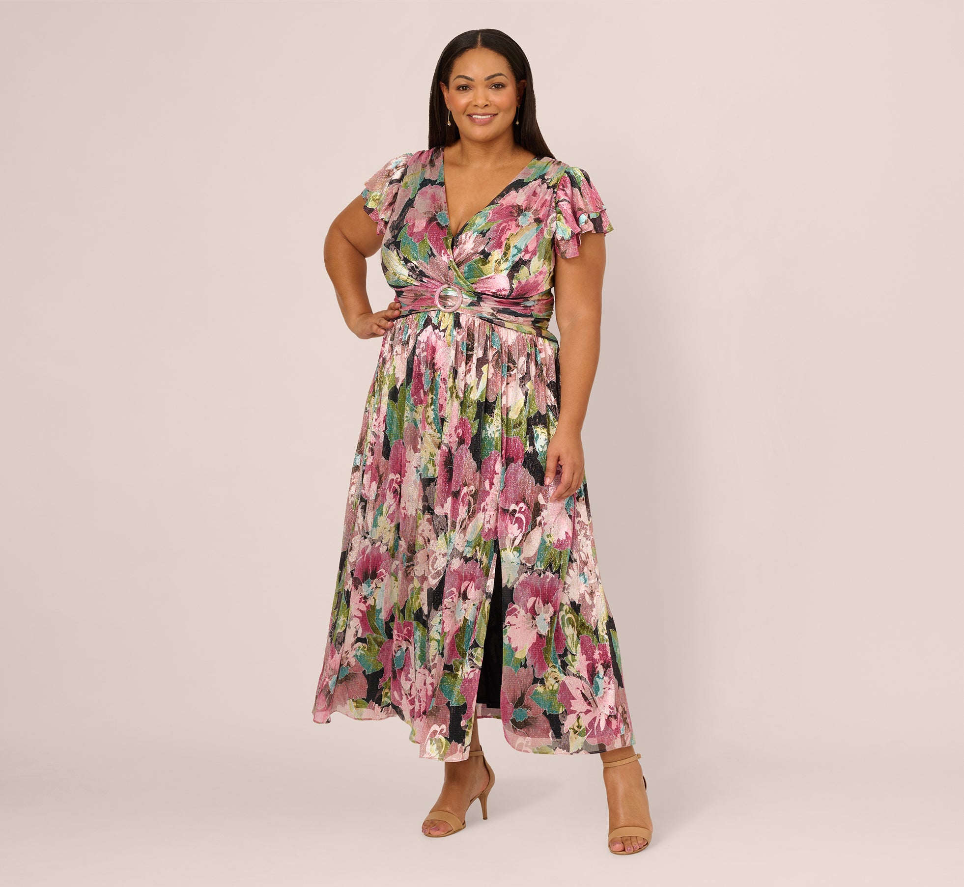 Plus Size Flutter Sleeve Metallic Floral Gown In Navy Pink
