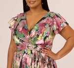 Plus Size Flutter Sleeve Metallic Floral Gown In Navy Pink Multi 4