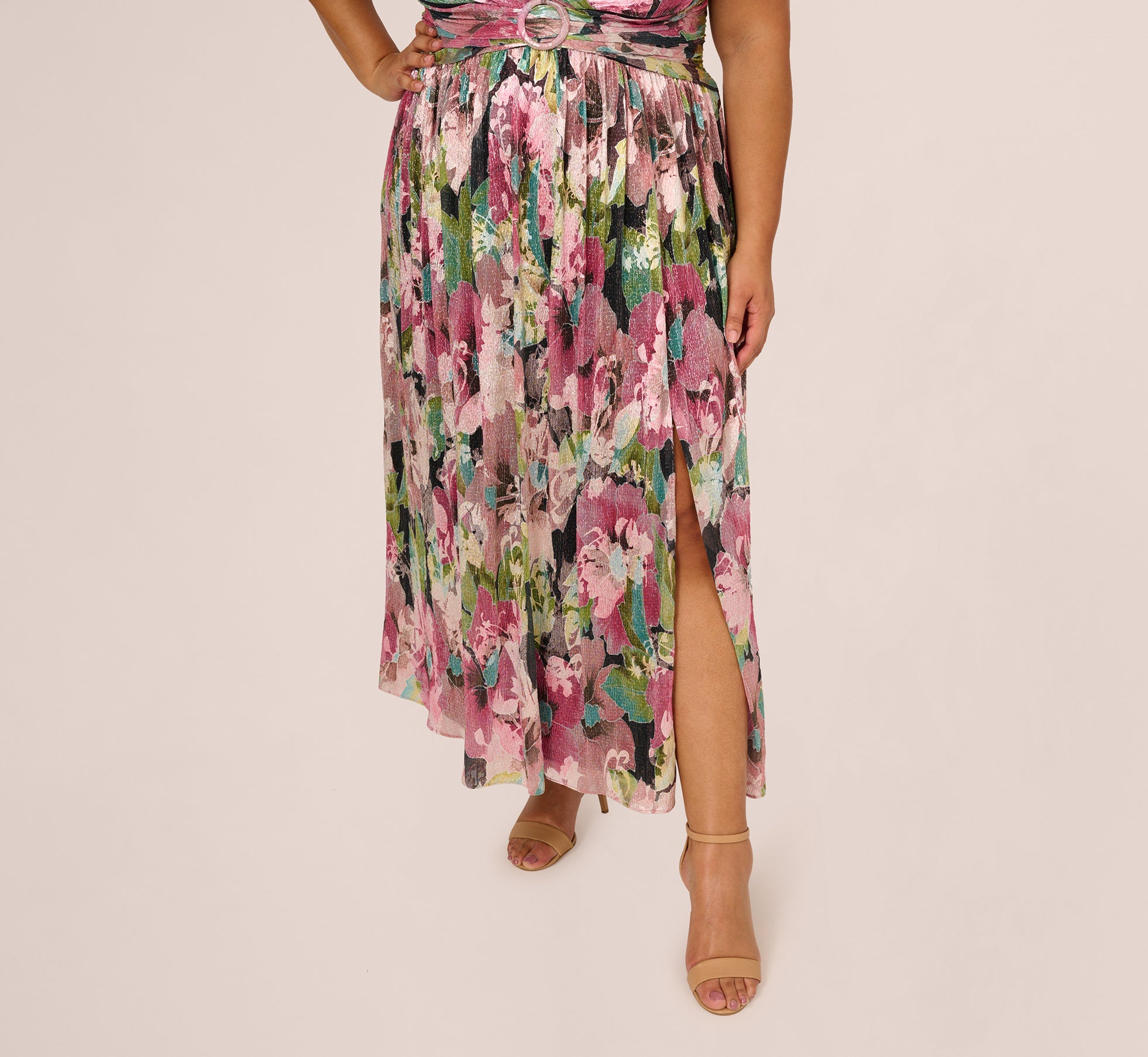 Plus Size Flutter Sleeve Metallic Floral Gown In Navy Pink