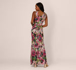 Sleeveless Asymmetrical Metallic Floral Gown In Navy Pink Multi 5