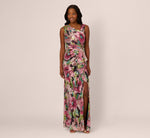Sleeveless Asymmetrical Metallic Floral Gown In Navy Pink Multi 2