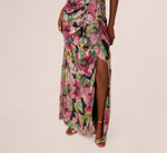 Sleeveless Asymmetrical Metallic Floral Gown In Navy Pink Multi 3