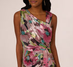 Sleeveless Asymmetrical Metallic Floral Gown In Navy Pink Multi 4