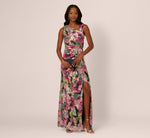 Sleeveless Asymmetrical Metallic Floral Gown In Navy Pink Multi 1