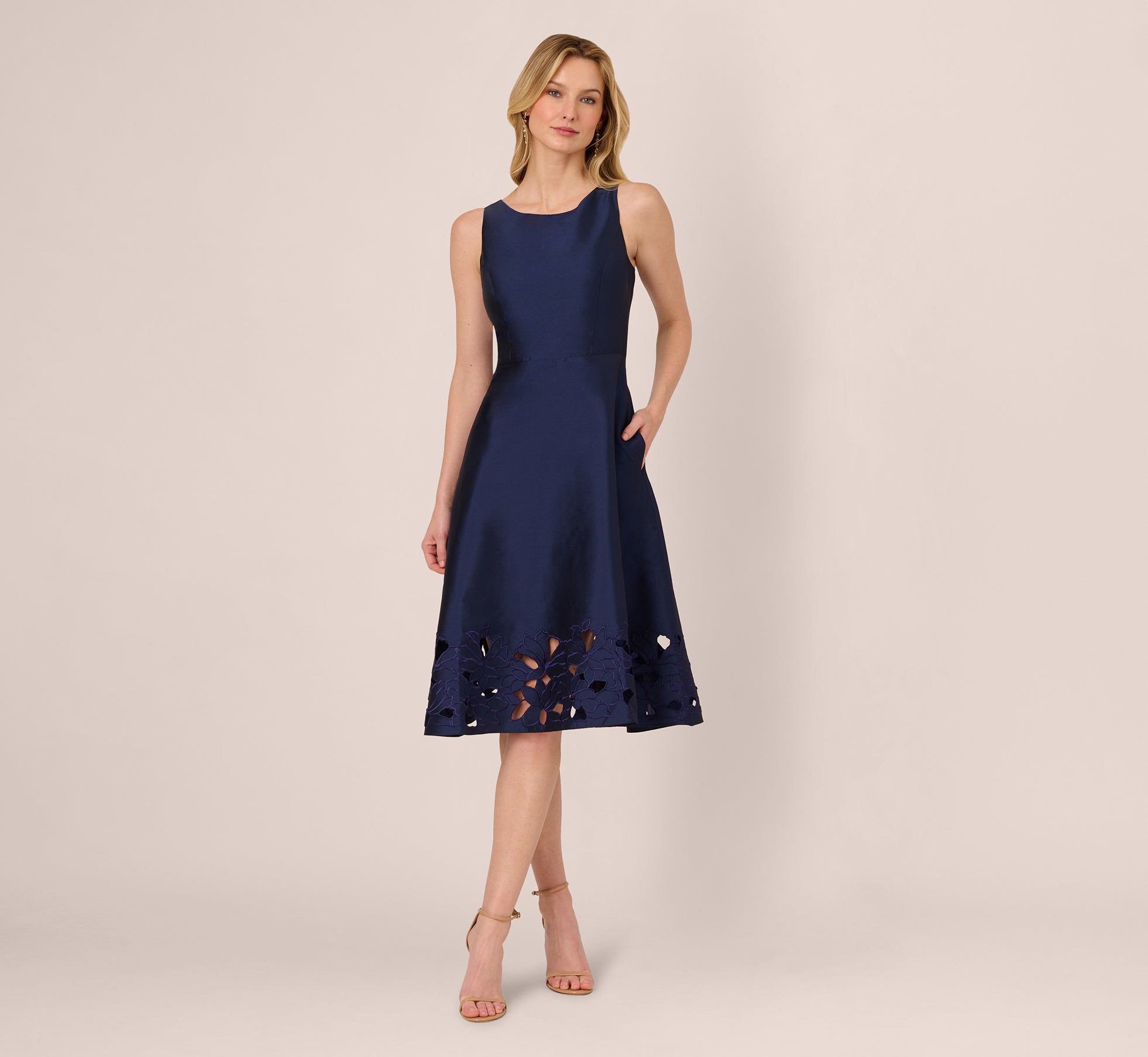Navy Sleeveless Taffeta Floral Cutwork Midi Dress - Adrianna Papell Navy Sleeveless Taffeta Floral Cutwork Midi Dress - Adrianna Papell
