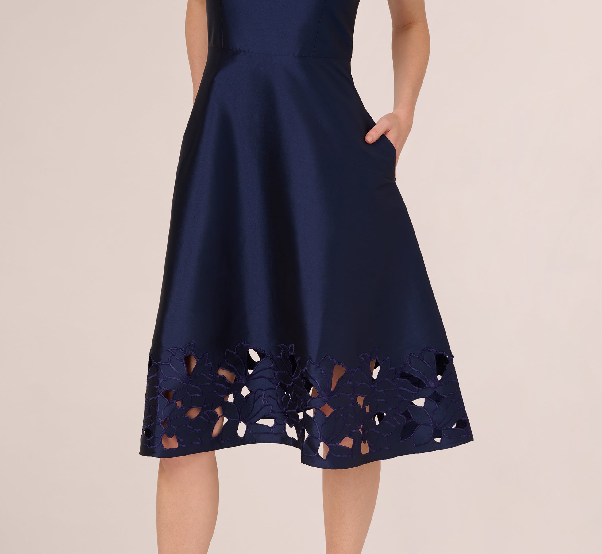 Sleeveless Taffeta Floral Cutwork Midi Dress In Light Navy 1