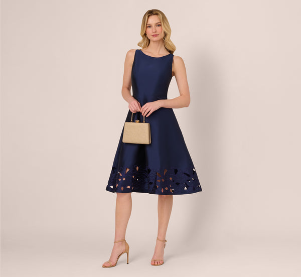 Sleeveless Taffeta Floral Cutwork Midi Dress In Light Navy Sleeveless Taffeta Floral Cutwork Midi Dress In Light Navy