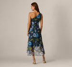 One Shoulder Floral Chiffon High Low Midi Dress In Navy Blue Multi 5