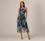 One Shoulder Floral Chiffon High Low Midi Dress In Navy Blue Multi 2