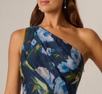 One Shoulder Floral Chiffon High Low Midi Dress In Navy Blue Multi 3