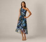 One Shoulder Floral Chiffon High Low Midi Dress In Navy Blue Multi 1