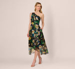 One Shoulder Floral Chiffon High Low Midi Dress In Black Yellow Multi 6