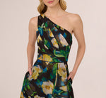 One Shoulder Floral Chiffon High Low Midi Dress In Black Yellow Multi 3