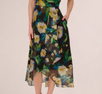 One Shoulder Floral Chiffon High Low Midi Dress In Black Yellow Multi 2