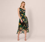 One Shoulder Floral Chiffon High Low Midi Dress In Black Yellow Multi 4