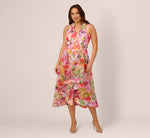 Plus Size Sleeveless Floral Organza Collared High Low Dress In Pink Multi 2