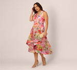 Plus Size Sleeveless Floral Organza Collared High Low Dress In Pink Multi 1