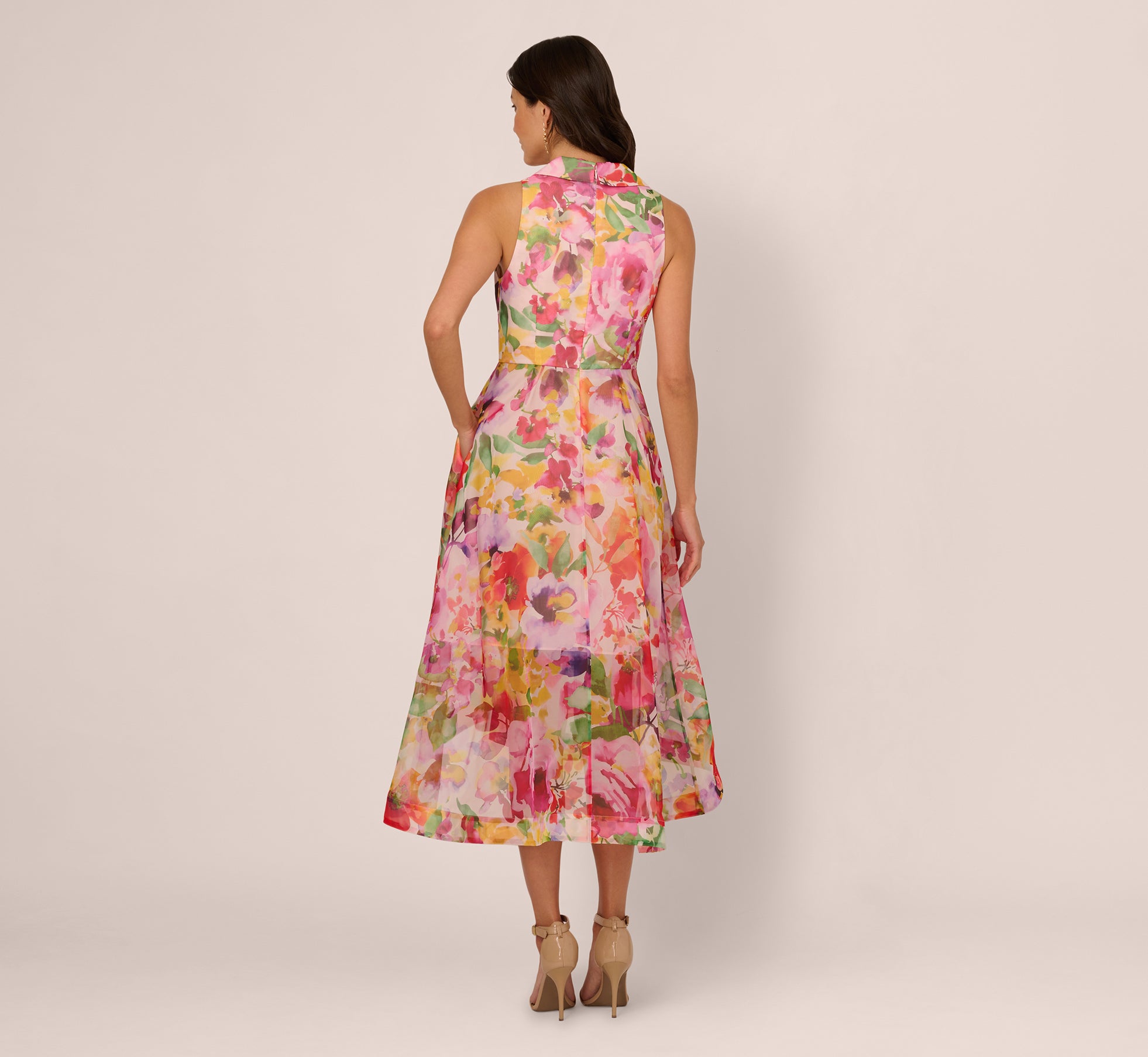 Sleeveless Floral Organza Collared High Low Dress In Pink Multi 1