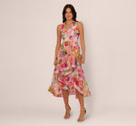 Sleeveless Floral Organza Collared High Low Dress In Pink Multi 2