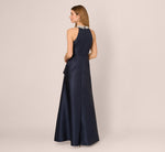 Beaded Halter Draped Mikado Gown In Midnight 5
