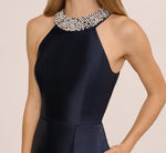 Beaded Halter Draped Mikado Gown In Midnight 4