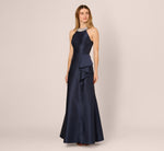 Beaded Halter Draped Mikado Gown In Midnight 1