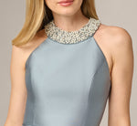 Beaded Halter Draped Mikado Gown In Icy Opaline 3
