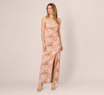 Sleeveless Metallic Floral Matelasse Gown In Coral Multi 2