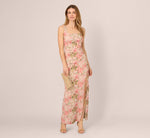 Sleeveless Metallic Floral Matelasse Gown In Coral Multi 1
