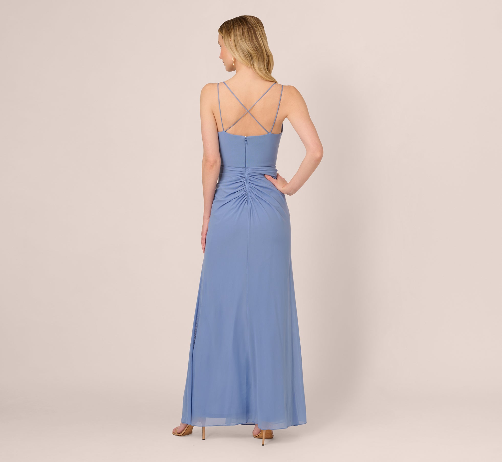 Blue Sleeveless Mesh Gathered And Draped Gown