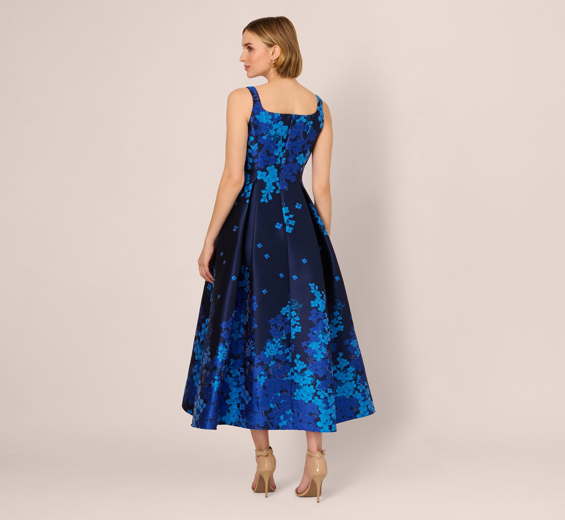 Sleeveless Square Neck Floral Jacquard Midi Dress In Blue Multi