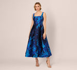 Sleeveless Square Neck Floral Jacquard Midi Dress In Blue Multi 2