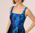 Sleeveless Square Neck Floral Jacquard Midi Dress In Blue Multi 3