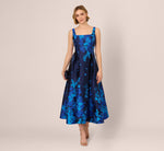 Sleeveless Square Neck Floral Jacquard Midi Dress In Blue Multi 1