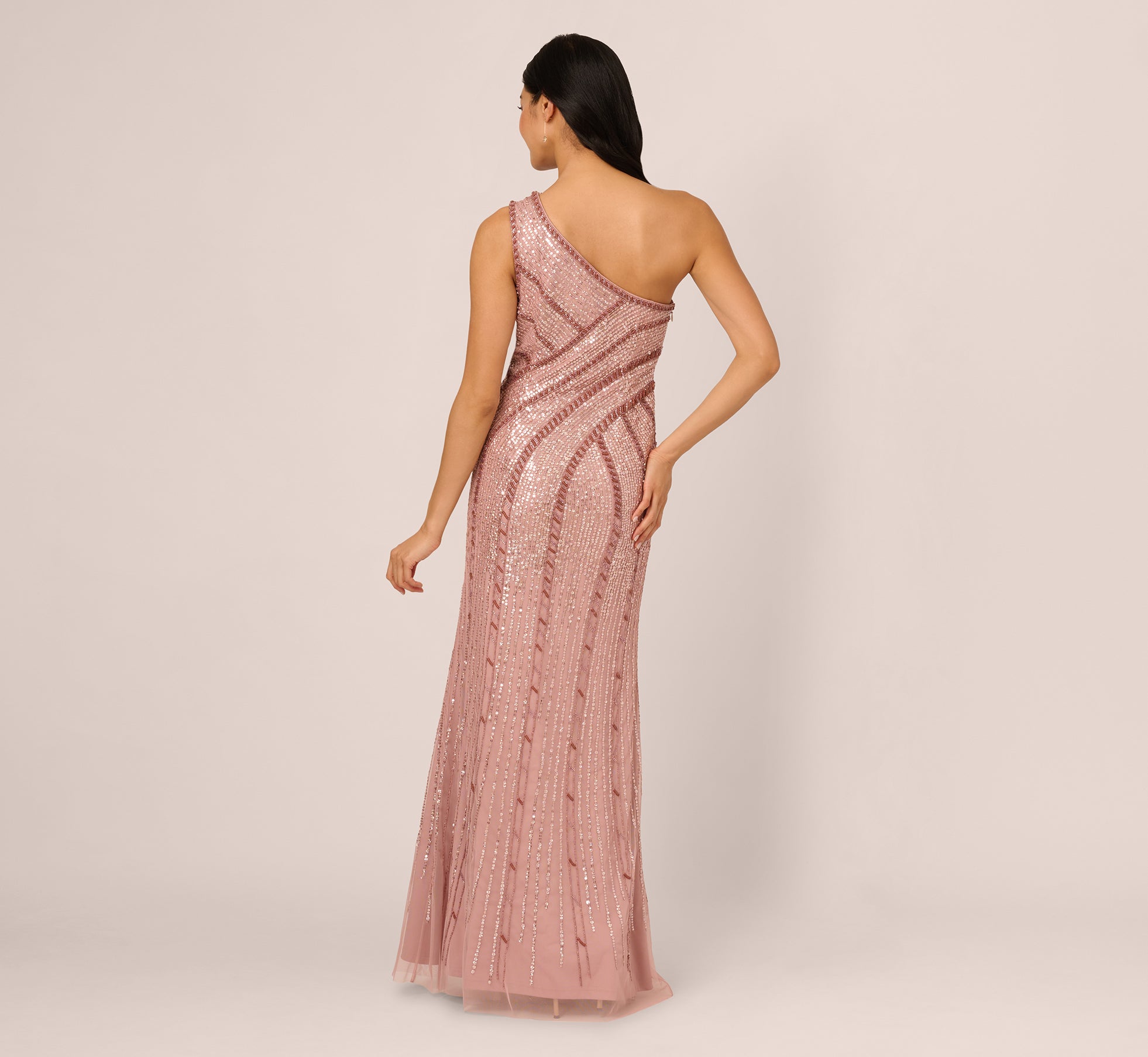 adrianna papell women's mock-neck knit mermaid dress One Shoulder Trompe Loeil Beaded Gown In Candied Ginger One shoulder dress