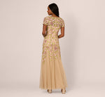 Short Sleeve Vine Beaded Godet Gown In Nude Multi 6