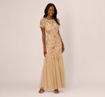 Short Sleeve Vine Beaded Godet Gown In Nude Multi 3