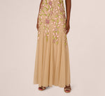 Short Sleeve Vine Beaded Godet Gown In Nude Multi 5