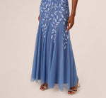 Off Shoulder Floral Beaded Godet Gown In French Blue 5
