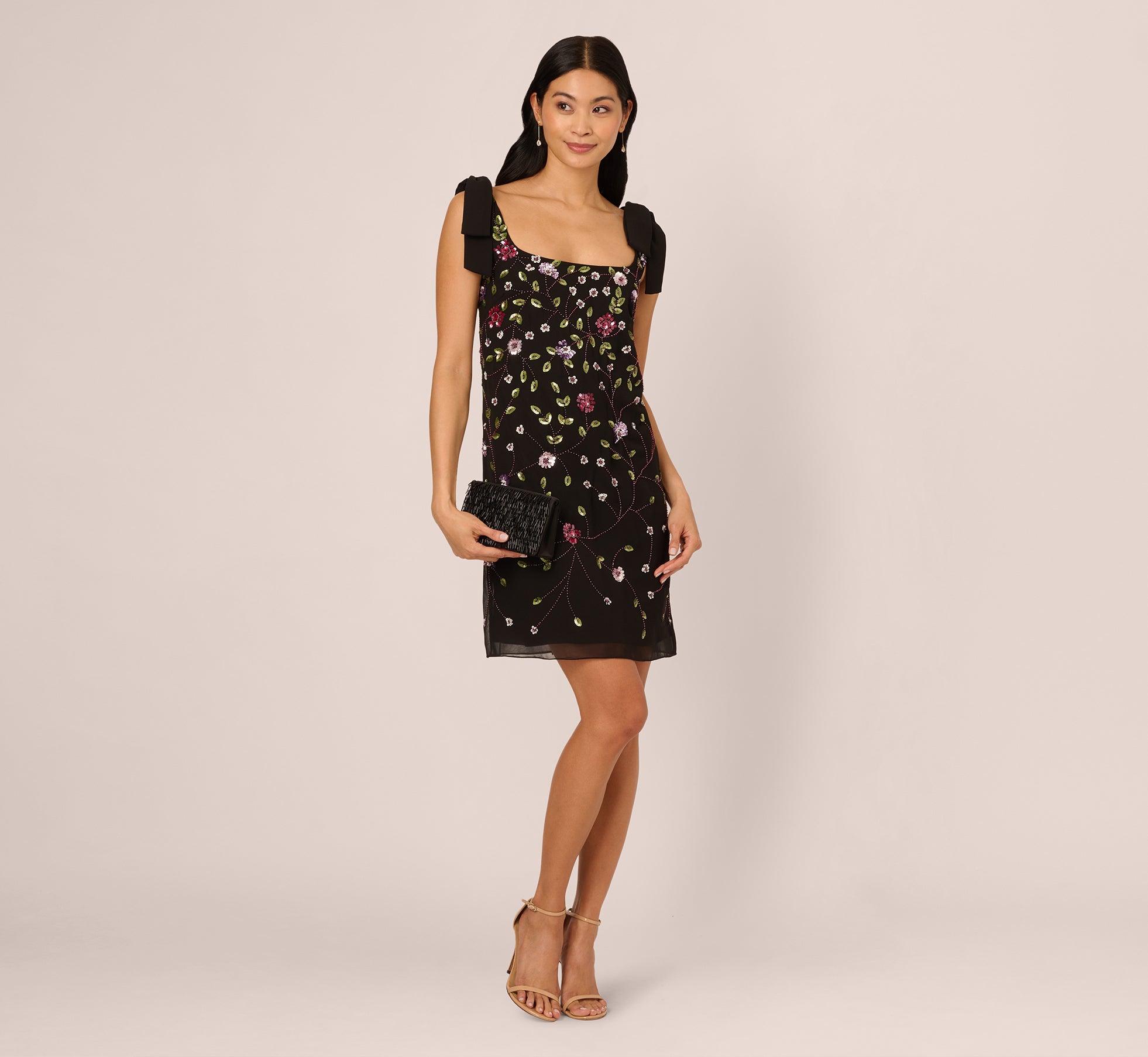 aidan mattox Bow Shoulder Floral Beaded Sheath Dress In Black